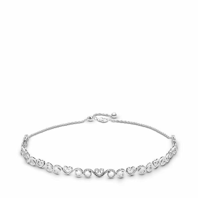 Pandora Heart Swirls Choker Necklace Ireland - Sterling Silver/Silicone/Cubic Zirconia - 609837HMJ